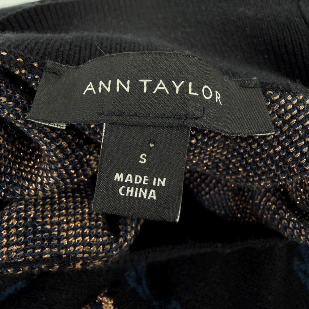 Ann Taylor Floral Mock Neck Sweater Women Small Black Blue Metallic Knit Top - Picture 4 of 8
